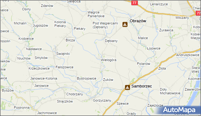 mapa Wielogóra gmina Samborzec, Wielogóra gmina Samborzec na mapie Targeo