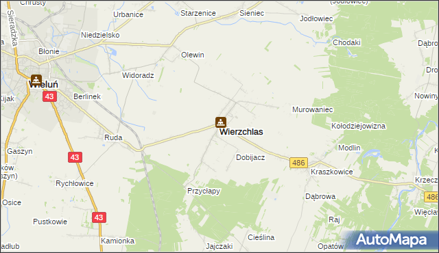 mapa Wierzchlas powiat wieluński, Wierzchlas powiat wieluński na mapie Targeo