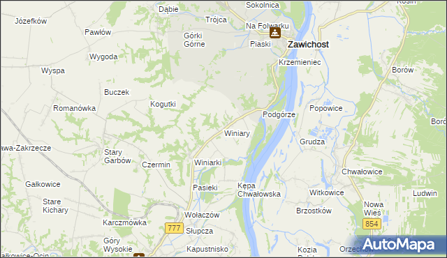 mapa Winiary gmina Dwikozy, Winiary gmina Dwikozy na mapie Targeo