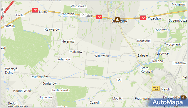 mapa Witkowice gmina Brzeziny, Witkowice gmina Brzeziny na mapie Targeo
