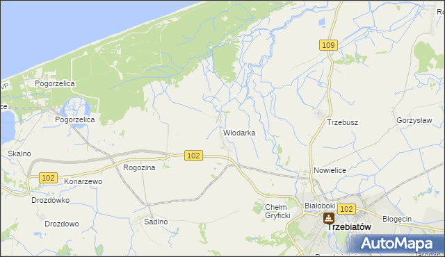 mapa Włodarka gmina Trzebiatów, Włodarka gmina Trzebiatów na mapie Targeo