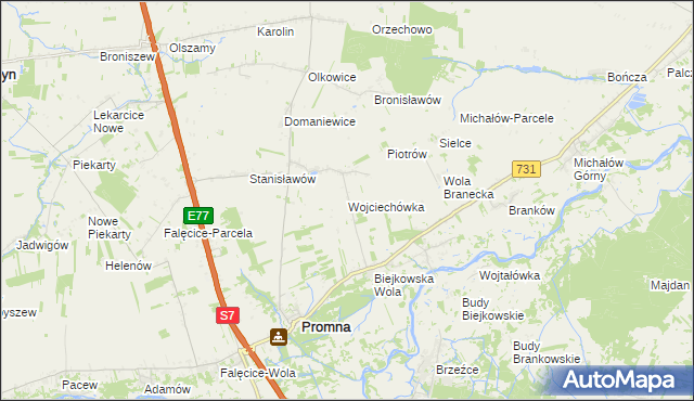 mapa Wojciechówka gmina Promna, Wojciechówka gmina Promna na mapie Targeo