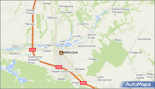 mapa Wolica-Kolonia gmina Modliborzyce, Wolica-Kolonia gmina Modliborzyce na mapie Targeo