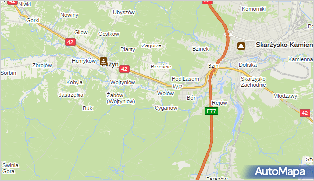 mapa Wołów gmina Bliżyn, Wołów gmina Bliżyn na mapie Targeo