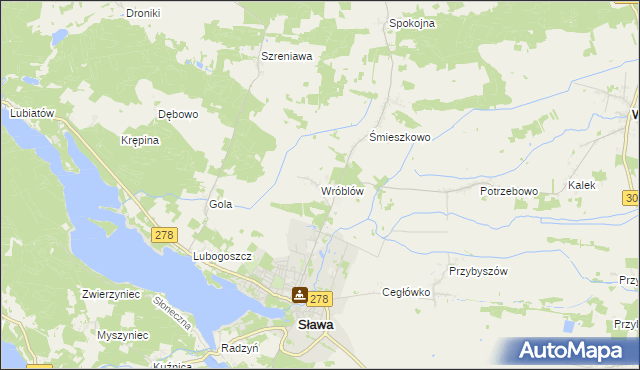 mapa Wróblów gmina Sława, Wróblów gmina Sława na mapie Targeo