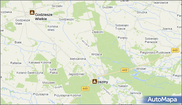 mapa Wrząca gmina Brzeziny, Wrząca gmina Brzeziny na mapie Targeo