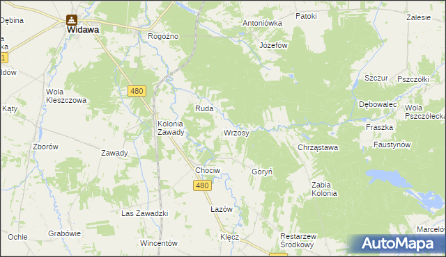 mapa Wrzosy gmina Widawa, Wrzosy gmina Widawa na mapie Targeo