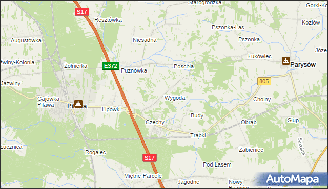 mapa Wygoda gmina Pilawa, Wygoda gmina Pilawa na mapie Targeo