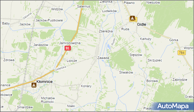 mapa Zawada gmina Kłomnice, Zawada gmina Kłomnice na mapie Targeo