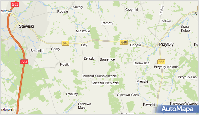 mapa Bagienice gmina Przytuły, Bagienice gmina Przytuły na mapie Targeo