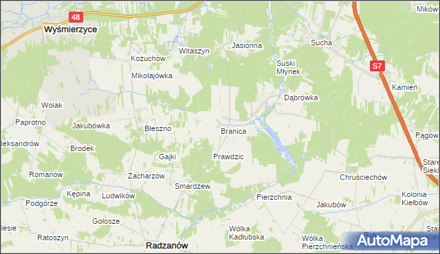 mapa Branica gmina Radzanów, Branica gmina Radzanów na mapie Targeo