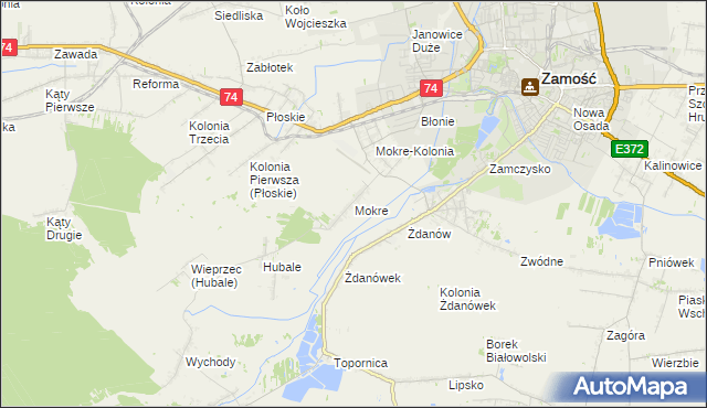 mapa Mokre gmina Zamość, Mokre gmina Zamość na mapie Targeo