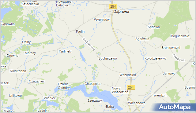 mapa Sucharzewo gmina Dąbrowa, Sucharzewo gmina Dąbrowa na mapie Targeo