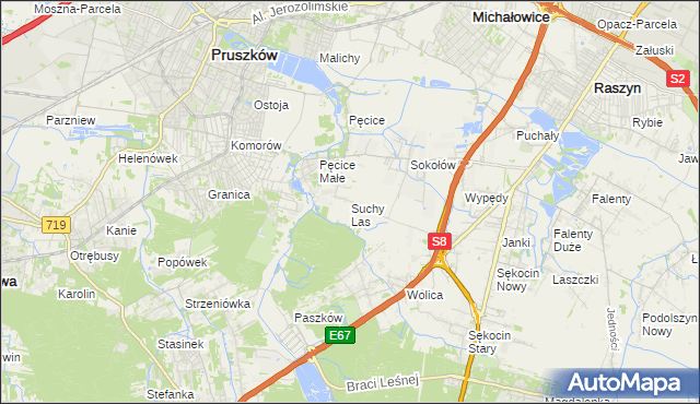 mapa Suchy Las gmina Michałowice, Suchy Las gmina Michałowice na mapie Targeo