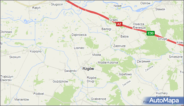 mapa Modła gmina Rzgów, Modła gmina Rzgów na mapie Targeo