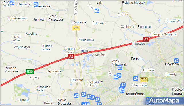 mapa Adamów gmina Grodzisk Mazowiecki, Adamów gmina Grodzisk Mazowiecki na mapie Targeo