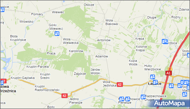 mapa Adamów gmina Ładzice, Adamów gmina Ładzice na mapie Targeo