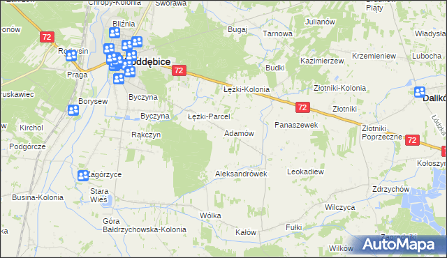 mapa Adamów gmina Poddębice, Adamów gmina Poddębice na mapie Targeo
