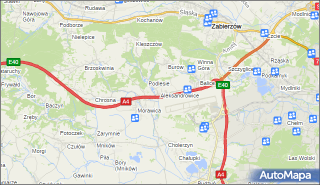 mapa Aleksandrowice gmina Zabierzów, Aleksandrowice gmina Zabierzów na mapie Targeo