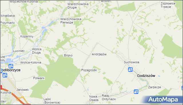 mapa Andrzejów gmina Godziszów, Andrzejów gmina Godziszów na mapie Targeo