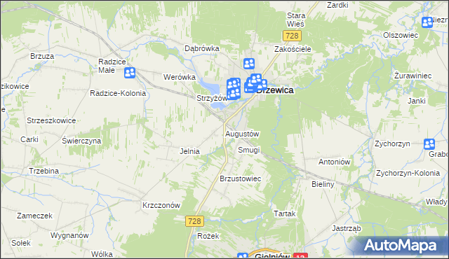 mapa Augustów gmina Drzewica, Augustów gmina Drzewica na mapie Targeo