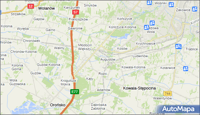 mapa Augustów gmina Kowala, Augustów gmina Kowala na mapie Targeo