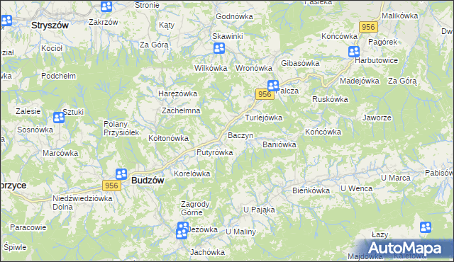 mapa Baczyn gmina Budzów, Baczyn gmina Budzów na mapie Targeo