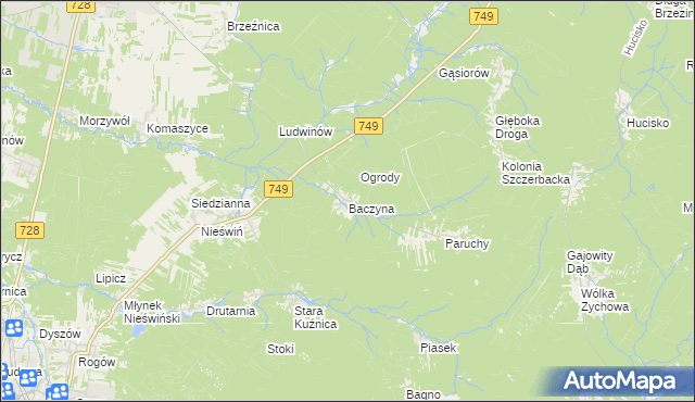 mapa Baczyna gmina Końskie, Baczyna gmina Końskie na mapie Targeo