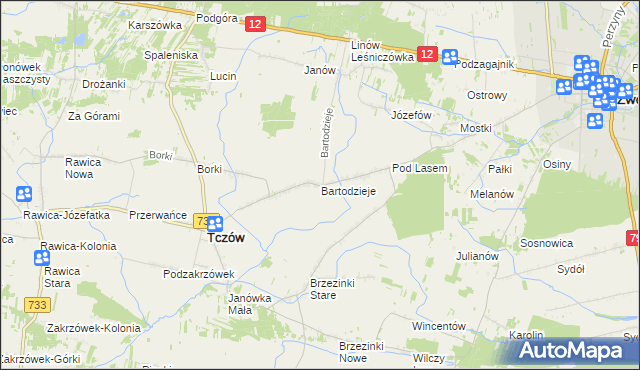 mapa Bartodzieje gmina Tczów, Bartodzieje gmina Tczów na mapie Targeo