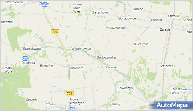 mapa Bartoszówka gmina Rzeczyca, Bartoszówka gmina Rzeczyca na mapie Targeo