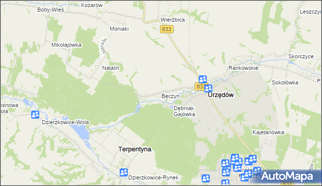 mapa Bęczyn gmina Urzędów, Bęczyn gmina Urzędów na mapie Targeo