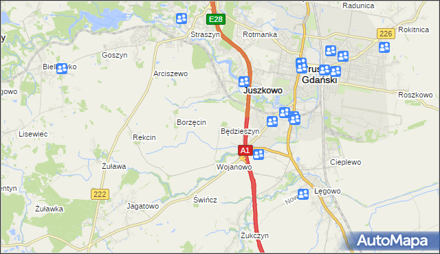 mapa Będzieszyn gmina Pruszcz Gdański, Będzieszyn gmina Pruszcz Gdański na mapie Targeo