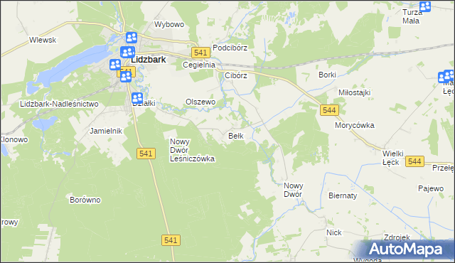 mapa Bełk gmina Lidzbark, Bełk gmina Lidzbark na mapie Targeo