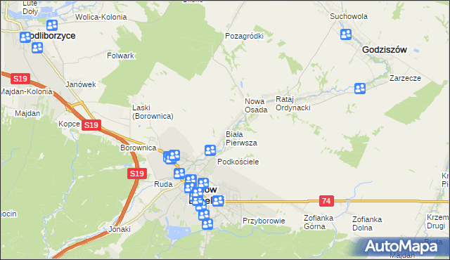 mapa Biała Pierwsza gmina Janów Lubelski, Biała Pierwsza gmina Janów Lubelski na mapie Targeo