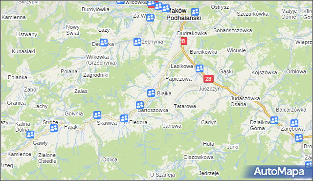 mapa Białka gmina Maków Podhalański, Białka gmina Maków Podhalański na mapie Targeo