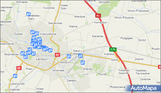 mapa Bielawki gmina Kutno, Bielawki gmina Kutno na mapie Targeo
