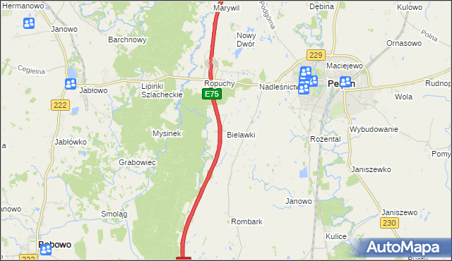 mapa Bielawki gmina Pelplin, Bielawki gmina Pelplin na mapie Targeo