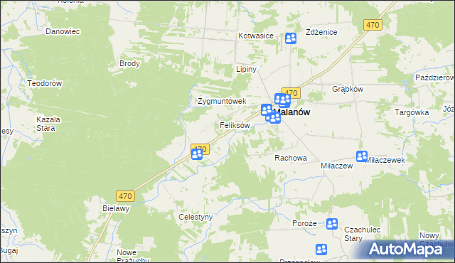 mapa Bielawy gmina Malanów, Bielawy gmina Malanów na mapie Targeo