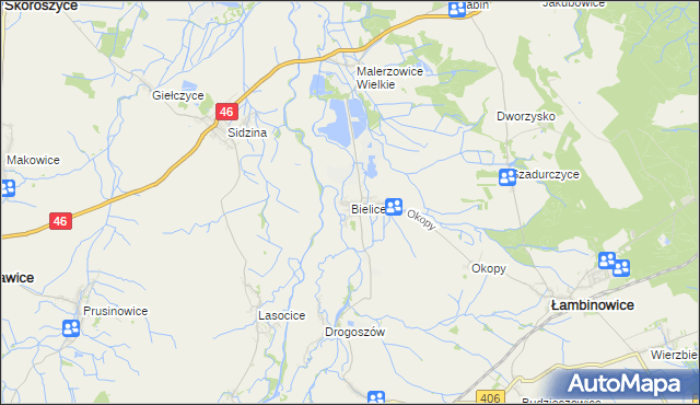 mapa Bielice gmina Łambinowice, Bielice gmina Łambinowice na mapie Targeo