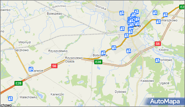 mapa Bobrowice gmina Sławno, Bobrowice gmina Sławno na mapie Targeo