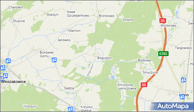 mapa Boguszyn gmina Włoszakowice, Boguszyn gmina Włoszakowice na mapie Targeo