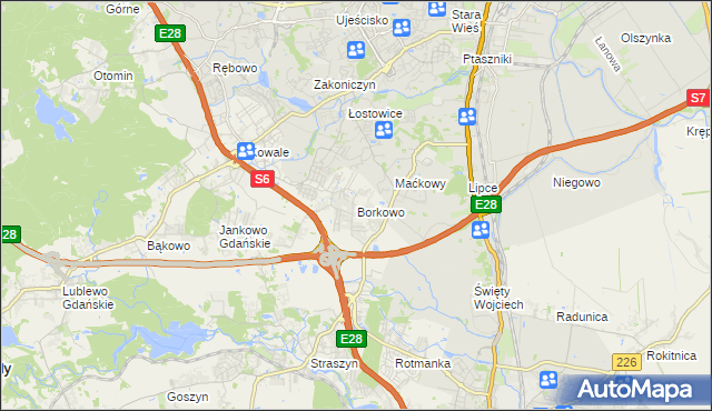 mapa Borkowo gmina Pruszcz Gdański, Borkowo gmina Pruszcz Gdański na mapie Targeo