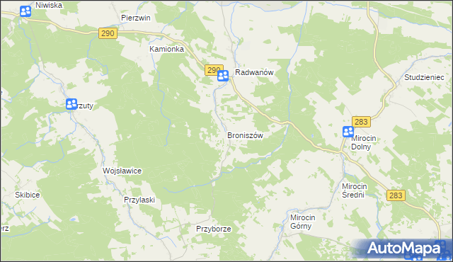 mapa Broniszów gmina Kożuchów, Broniszów gmina Kożuchów na mapie Targeo