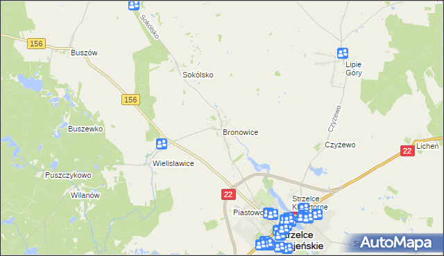 mapa Bronowice gmina Strzelce Krajeńskie, Bronowice gmina Strzelce Krajeńskie na mapie Targeo