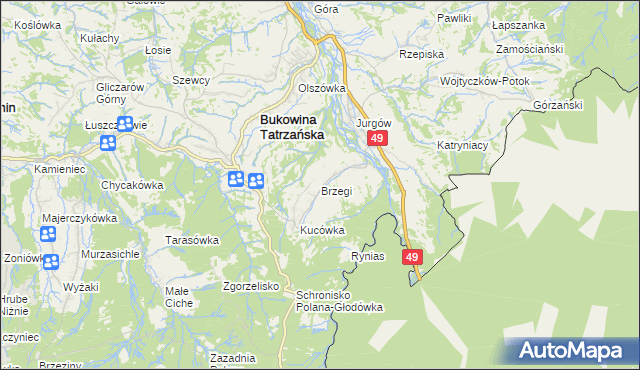 mapa Brzegi gmina Bukowina Tatrzańska, Brzegi gmina Bukowina Tatrzańska na mapie Targeo