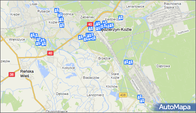 mapa Brzeźce gmina Bierawa, Brzeźce gmina Bierawa na mapie Targeo