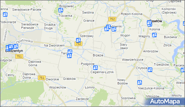 mapa Brzezie gmina Pawłów, Brzezie gmina Pawłów na mapie Targeo