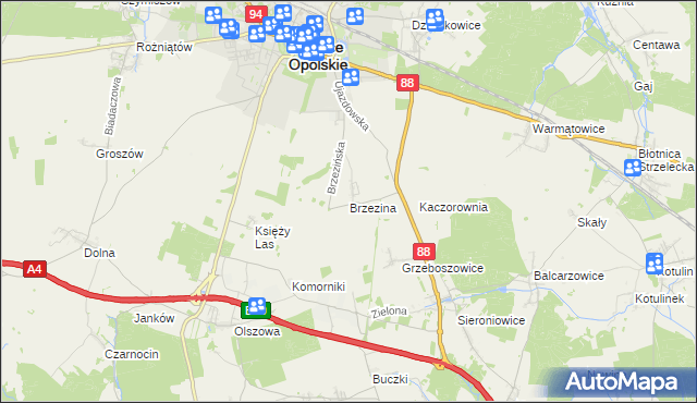 mapa Brzezina gmina Strzelce Opolskie, Brzezina gmina Strzelce Opolskie na mapie Targeo