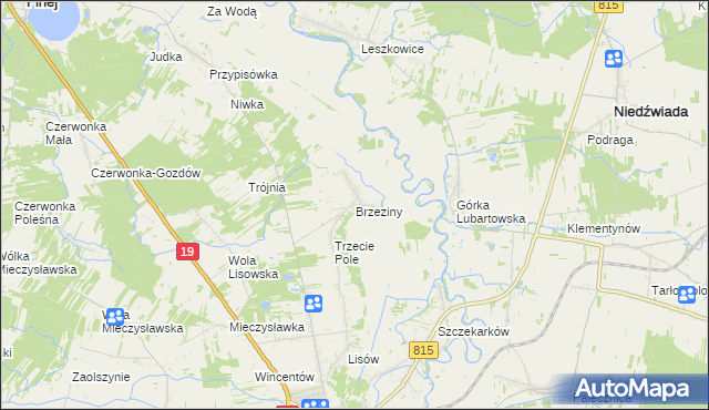 mapa Brzeziny gmina Lubartów, Brzeziny gmina Lubartów na mapie Targeo