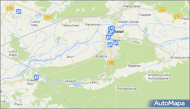mapa Brzeźno gmina Wieleń, Brzeźno gmina Wieleń na mapie Targeo